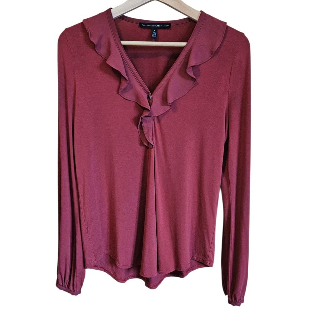 White House Black Market Small Berry Red Ruffle V-Neck Long Sleeve Stretch Top